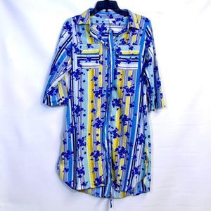 MPH Collection Blue Floral Striped Yellow Button Up Boho Dress Size Small NWT